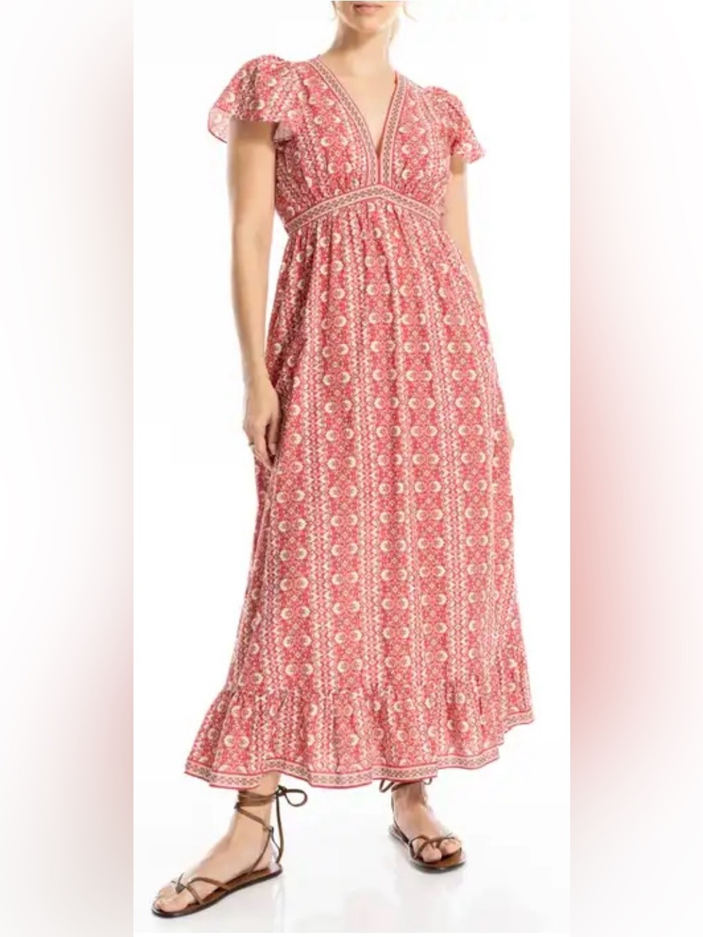 Max Studio Pink Coral Printed Maxi Dress with V-Neck size s